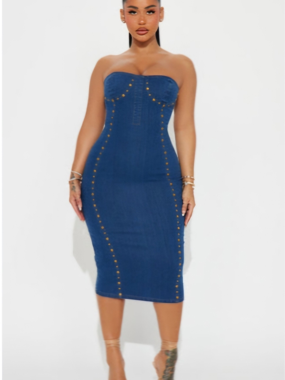 NEW FashionNova Strapless Dark Blue Stud-Trim Midi Dress